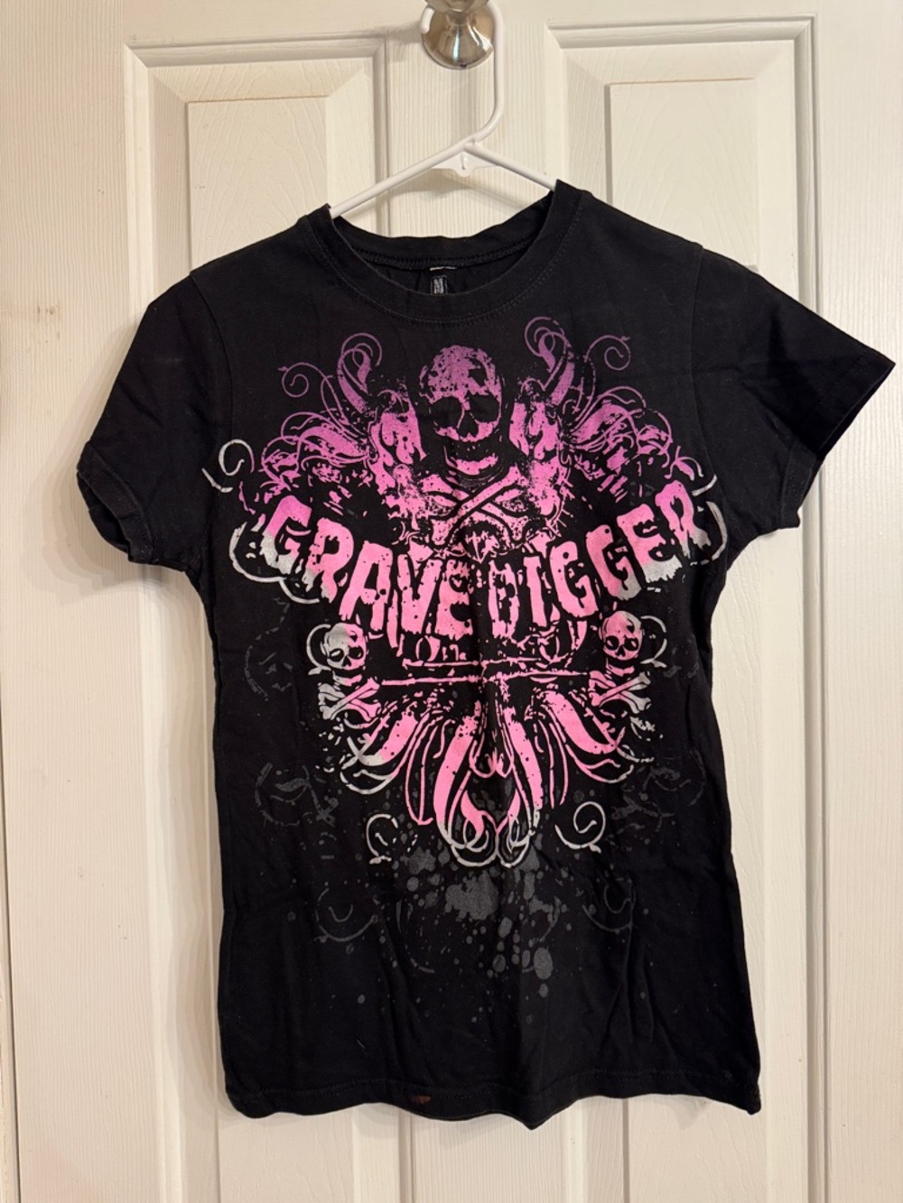 Grave Digger Graphic Short Sleeve Tee in Black with Pink Print